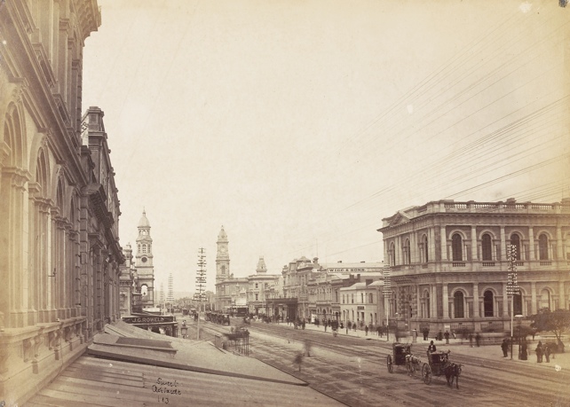 King William street with town hall on left and post office on right, adelaide, c 1870s