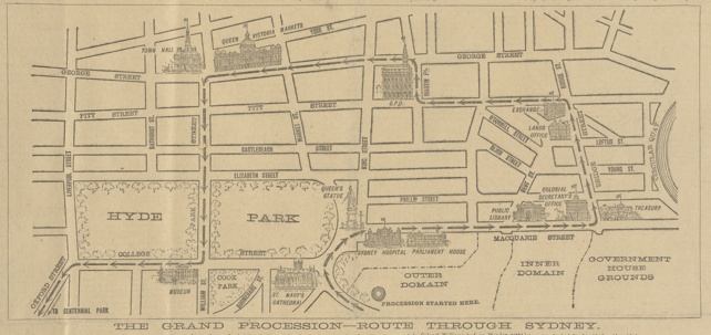 A map of the grand procession route through Sydney, 2 January 1901