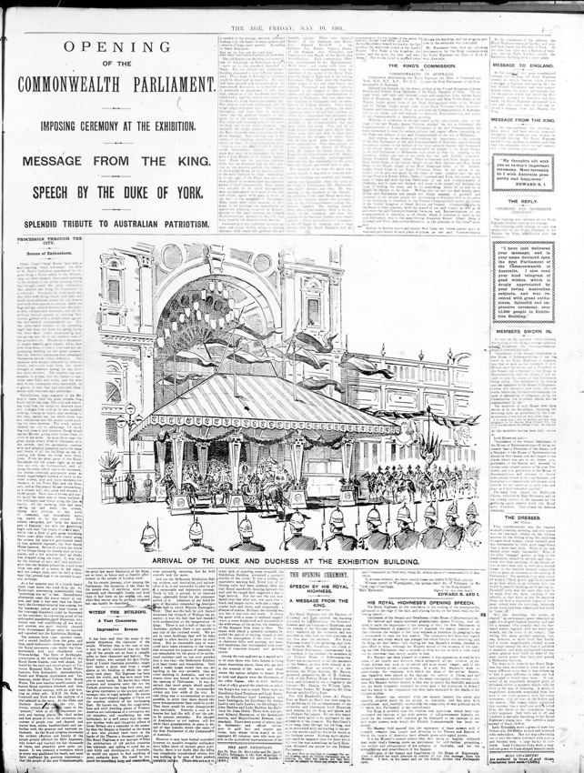 Image of The Age from 10 May 1901 showing the opening of the First Commonwealth Parliament in Melbourne on 9 May 1901