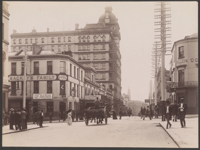 A view of the Garrick Theatre on Castlereagh Street, Sydney, looking north, c1890