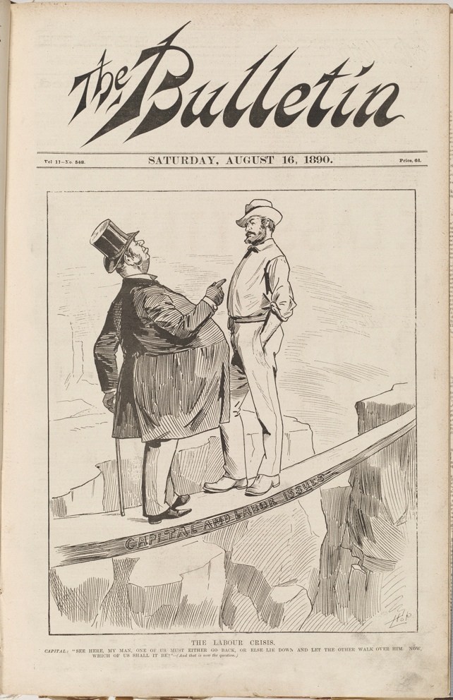 A cartoon from The Bulletin, 16 August, 1890, titled 'The Labour Crisis'