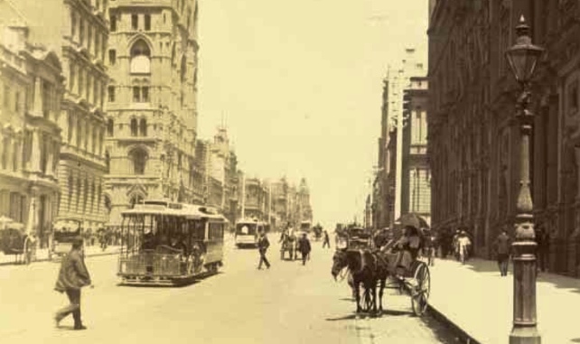 A photograph taken c1895 of Collins Street near Queen Street, Melbourne
