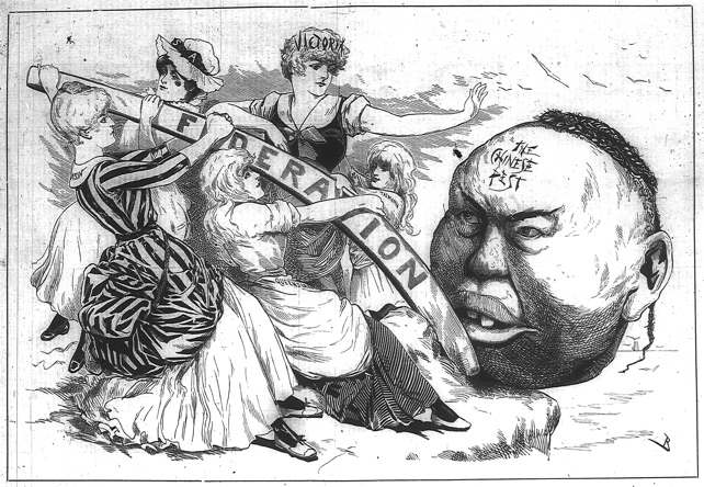 A Cartoon of Victoria urging the Federation to get rid of the 'Chinese pest', from the Melbourne Punch, 10 May 1888