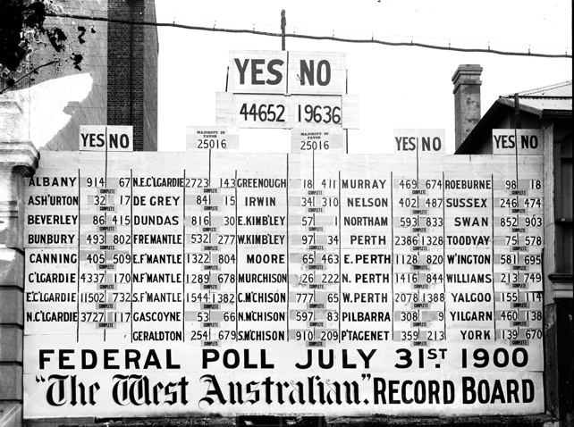 A photograph of the record board of the Western Australian results for the Popular Referendum on Australian Federation, 31 July 1900.