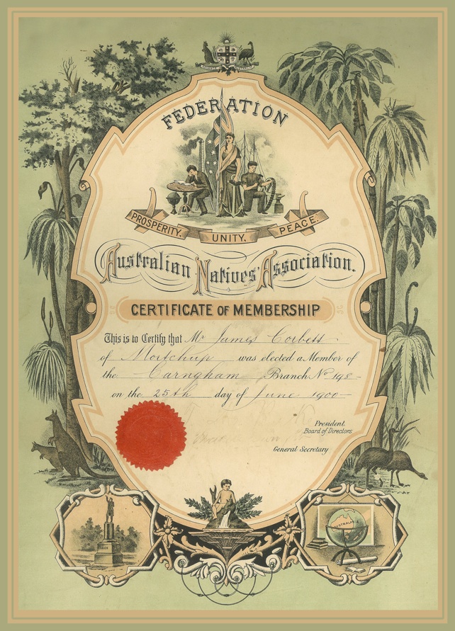 Membership Certificate of the Australian Natives Association, 1900
