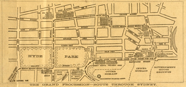 A map of the Federation procession route through Sydney, 1901
