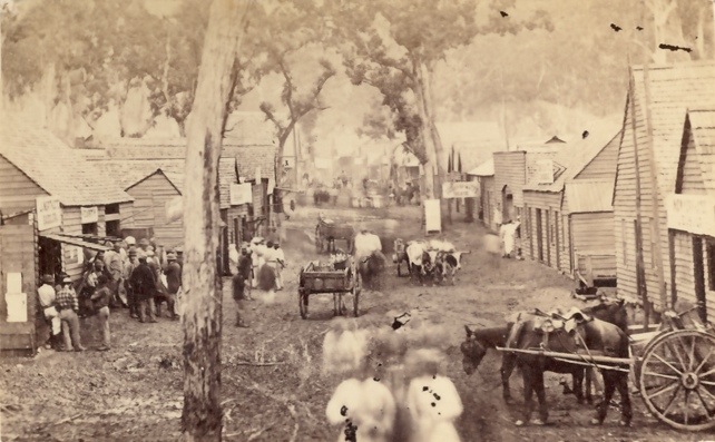 A streetscape of Gympie Gold diggings during the 1870s