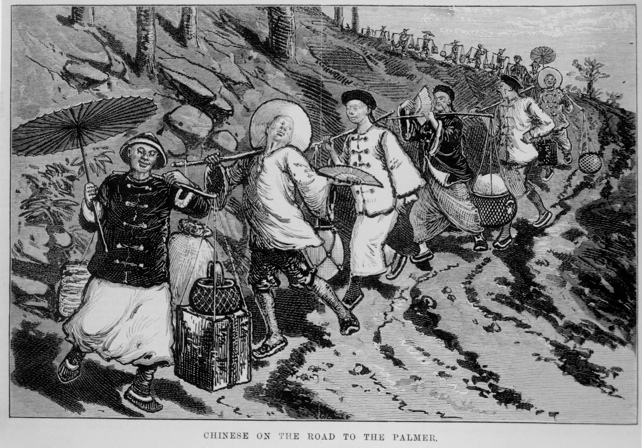 A drawing of Chinese people on the road to the Palmer Goldfield, Queensland, 1875