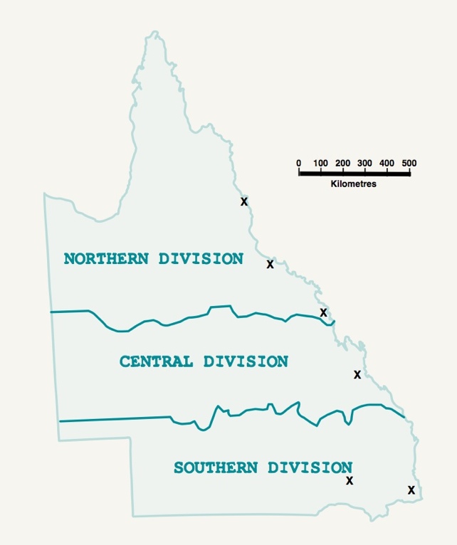 A map of Queensland showing financial divisions in 1901.