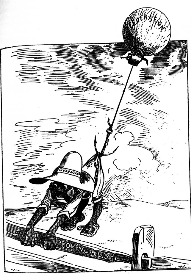A cartoon about Queensland's attitude to federation from The Brisbane Courier, 1899