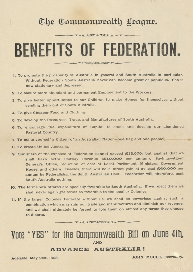 An image of a document listing the benefits of Federation, issued by the Commonwealth League in 1898.