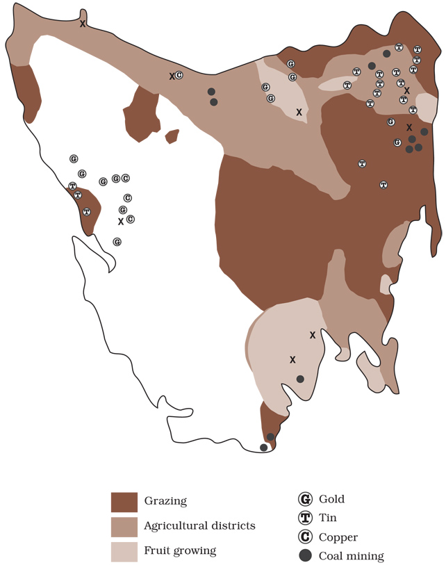 Map of Tasmania showing areas of mining and agriculture