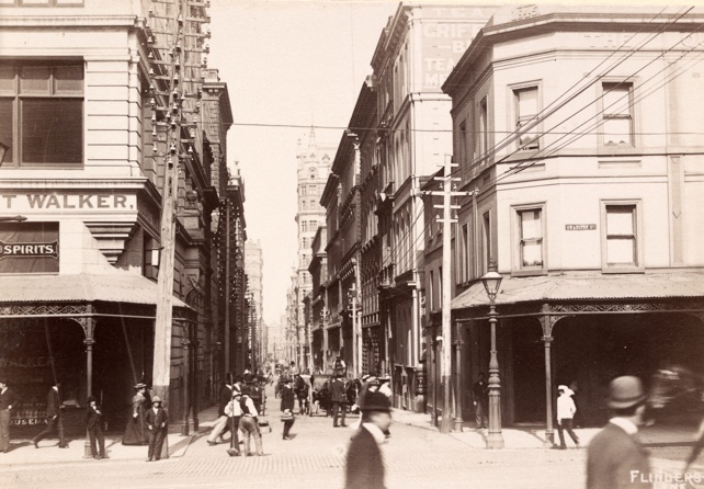 A photograph taken in 1895 of Flinders Lane, looking west from Swanston Street, Melbourne