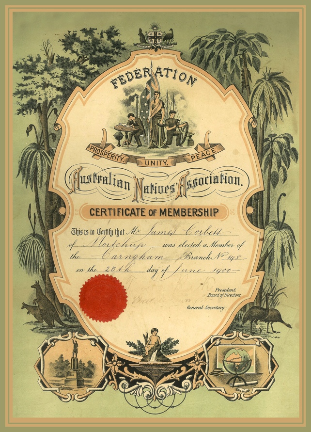 A certificate of membership for the Australian Natives Association